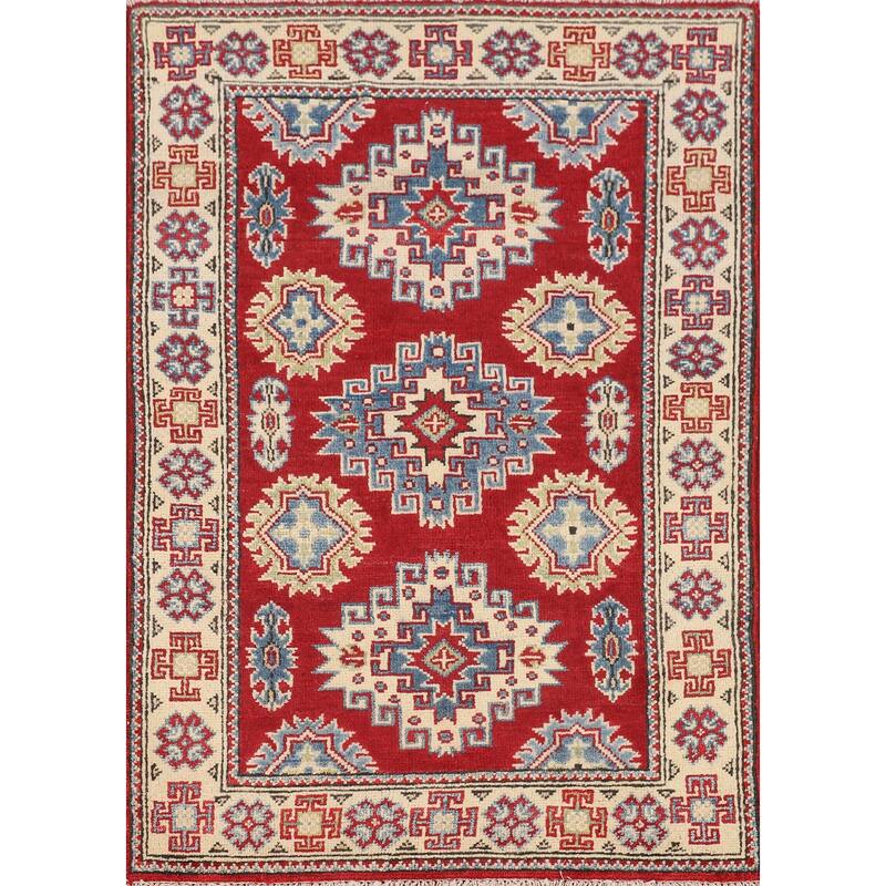 Geometric Red Kazak Accent Rug Handmade Wool Carpet - 2'9" x 4'0"