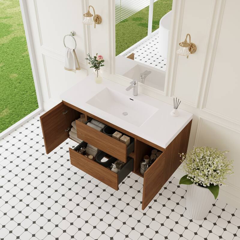 GDFStudio - Ethan Contemporary Floating Bathroom Vanity with Integrated Resin Sink and Soft-Close Storage Drawers