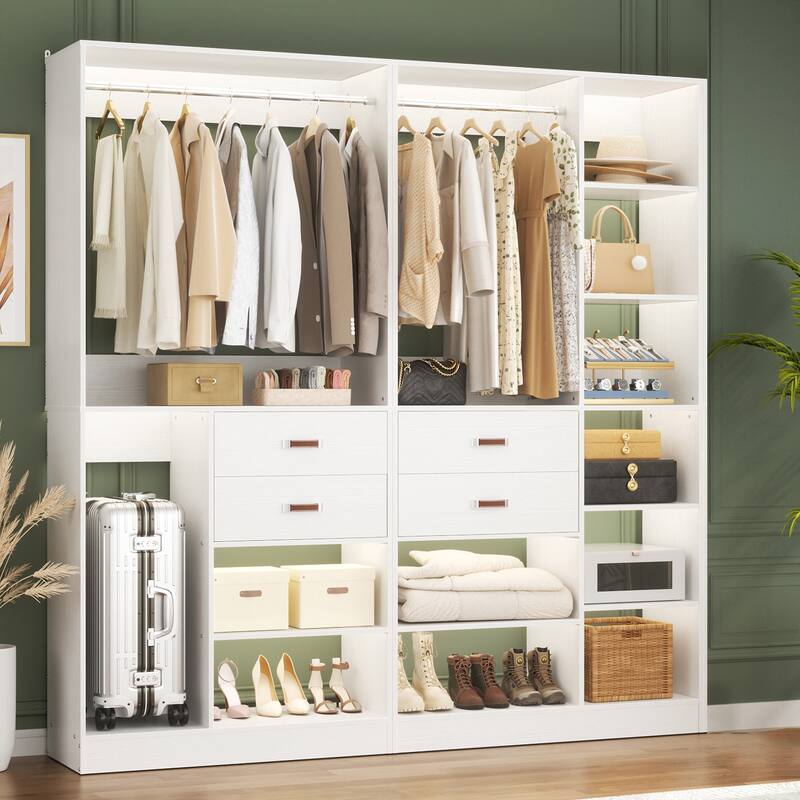 Vryon 110'' Set of 3 Freestanding Corner Closet System, Reversible Closet Organizer with Drawers and Hanging Rods - 79'' - White