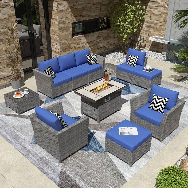 HOOOWOOO 10-piece Outdoor Furniture Rattan Sectional Set with Fire Pit Table. - Navy Blue