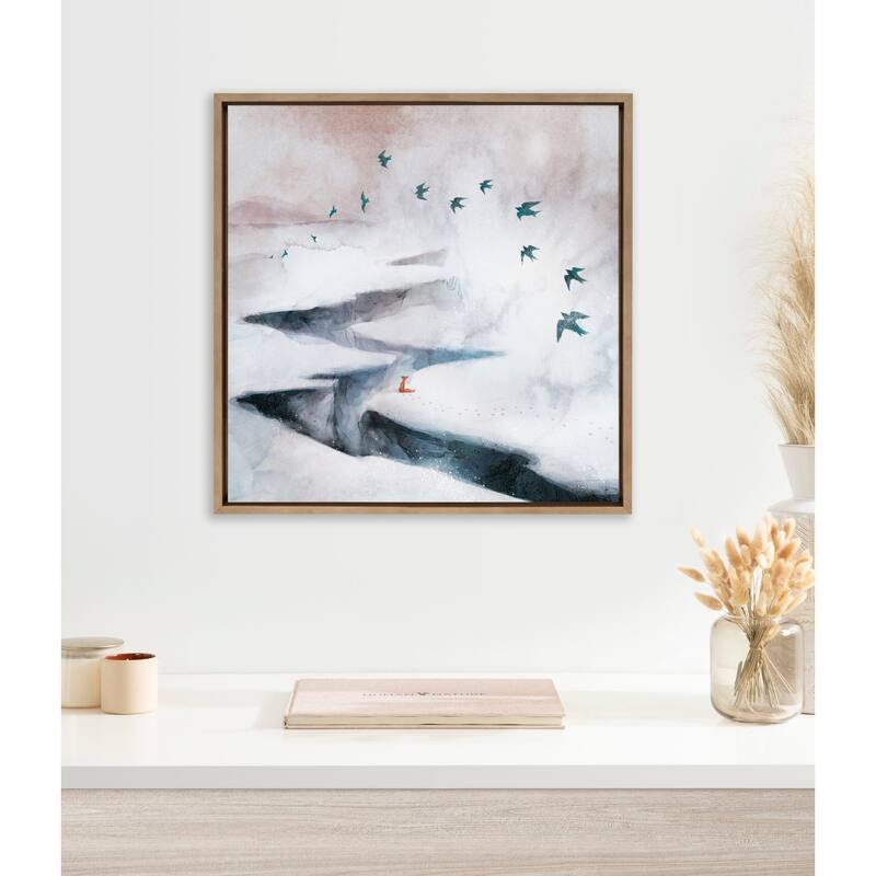 Kate and Laurel Sylvie Snow Day Fox and Birds Framed Canvas by Faryn Hughes