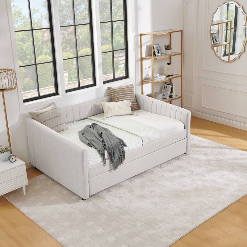 Twin/Full Size Daybed with Trundle, Upholstered Sofa Bed with Vertical Stripes, Linen Fabric, Comfortable Seating for Bedroom