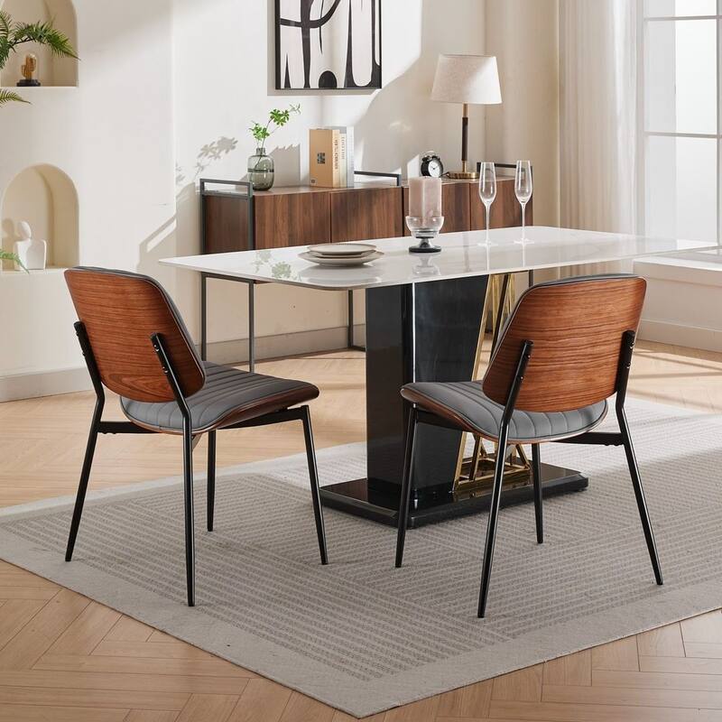 Retro Linen Dining Chairs Set of 2, Bentwood Back with Metal Legs