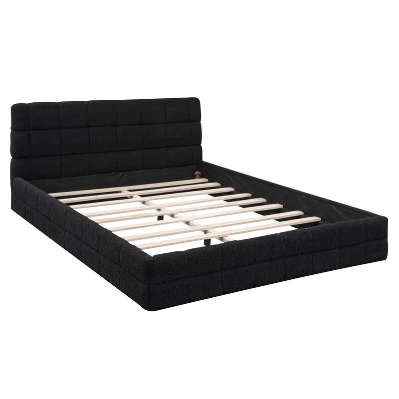 Modern Upholstered Platform Bed Frame Grounded Bed Frame with Striped Headboard/Wood Slats Support/No Box Spring/Easy Assembly