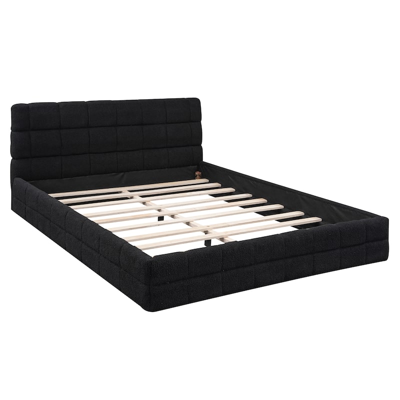 Queen Size Upholstered Platform Bed in Black with Headboard and Sturdy Construction