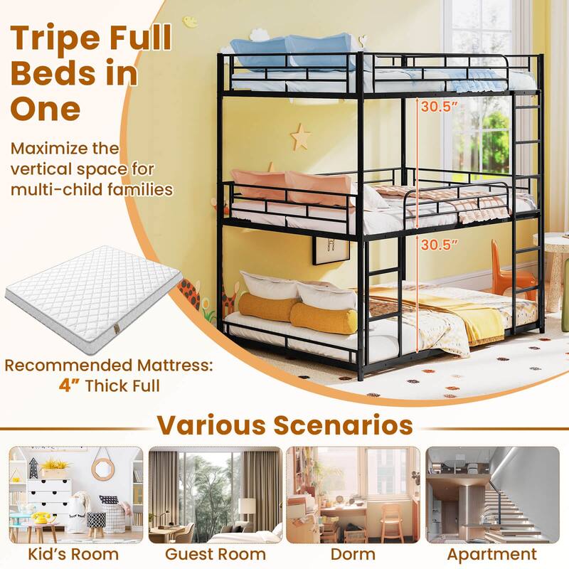 Costway Full Over Full Over Full Metal Bed Frame Heavy-Duty Triple