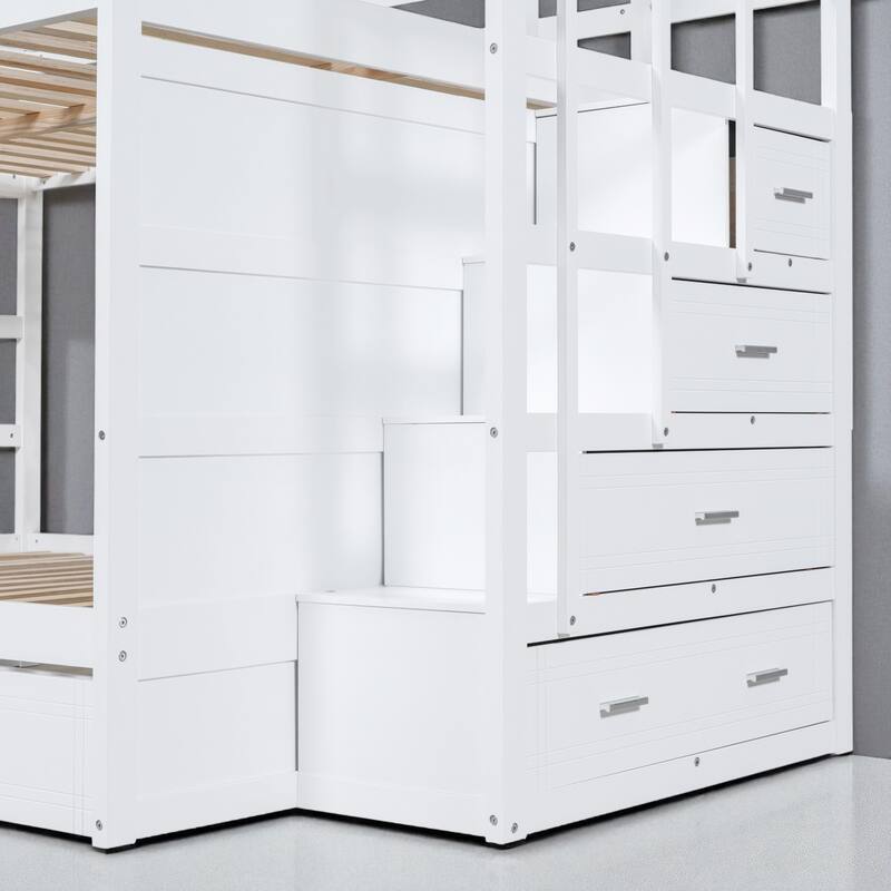 Twin Over Twin Bunk Bed with Trundle and Storage Drawers, Staircase Bunk Frame for Kids and Teens