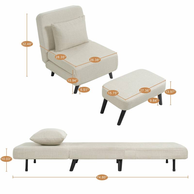 3 in 1 Foldable Linen Chaise Lounge with Adjustable Backrest, Footrest & Detachable Pillow