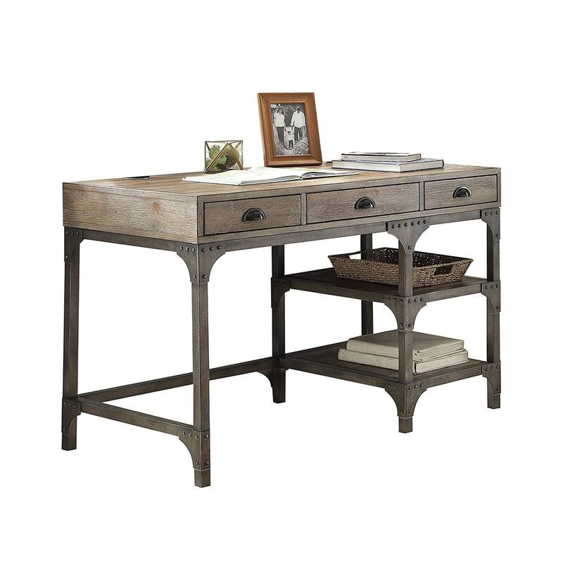 Desk with 3 Drawers in Weathered Oak & Antique Silver