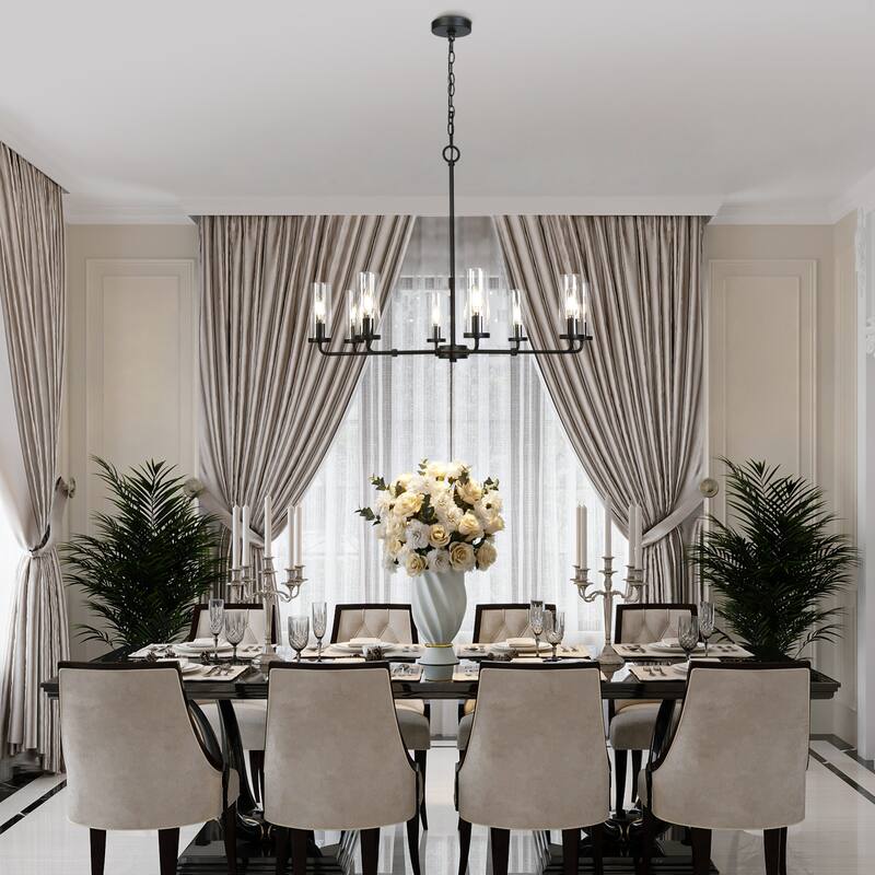 Modern Farmhouse 8-Light Black Wheel Chandelier with Glass Shade for Dining Living Room - D 31.5" x H 24"