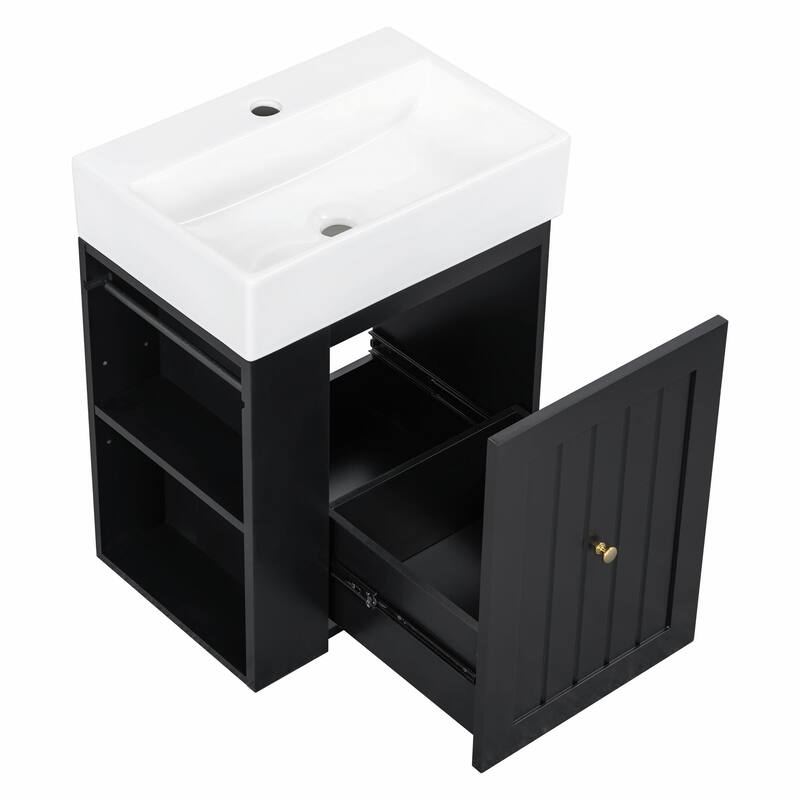 20-Inch Bathroom Vanity with Ceramic Sink - MDF Storage Cabinet with Drawer, Side Shelf and Silver Handle