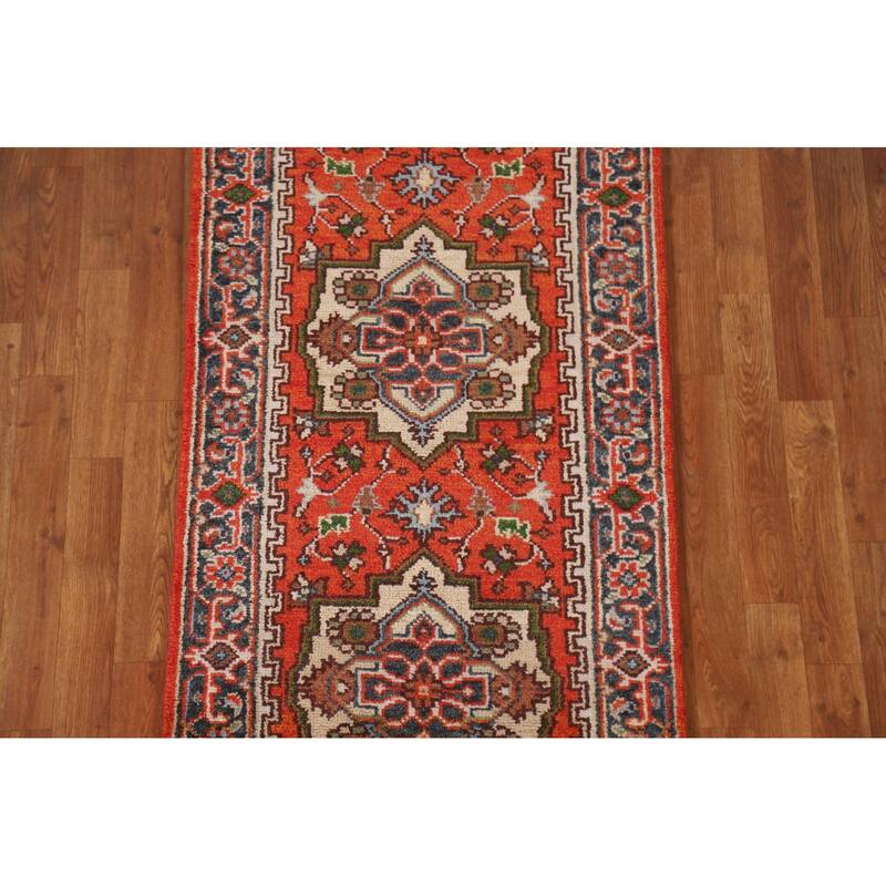 Geometric Heriz Indian Runner Rug Hand-knotted Wool Carpet - 2'7"x 8'0"
