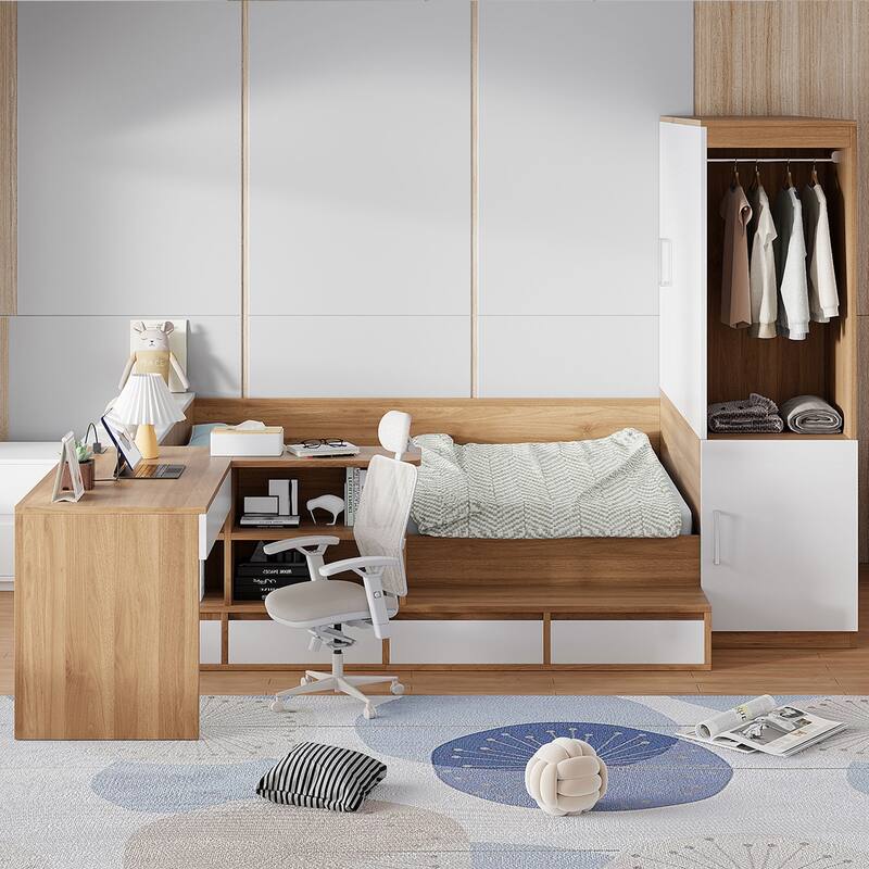 Full Size Wooden Platform Bed with 6 Drawers, Shelves, Desk, and Wardrobe