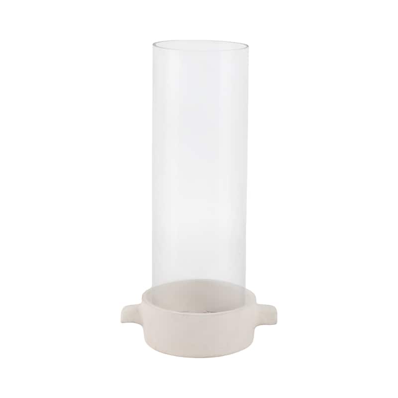Pottery Glass Pillar and Taper Holder Rustic Base and Hurricane Sleeve - 7" x 5" x 13" - White