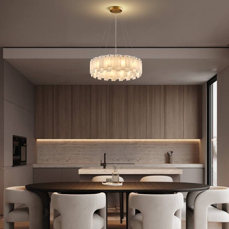 Modern Layered Alabaster Slice Chandelier, Round or Linear Pendant Light, D600-L1200 - Gold