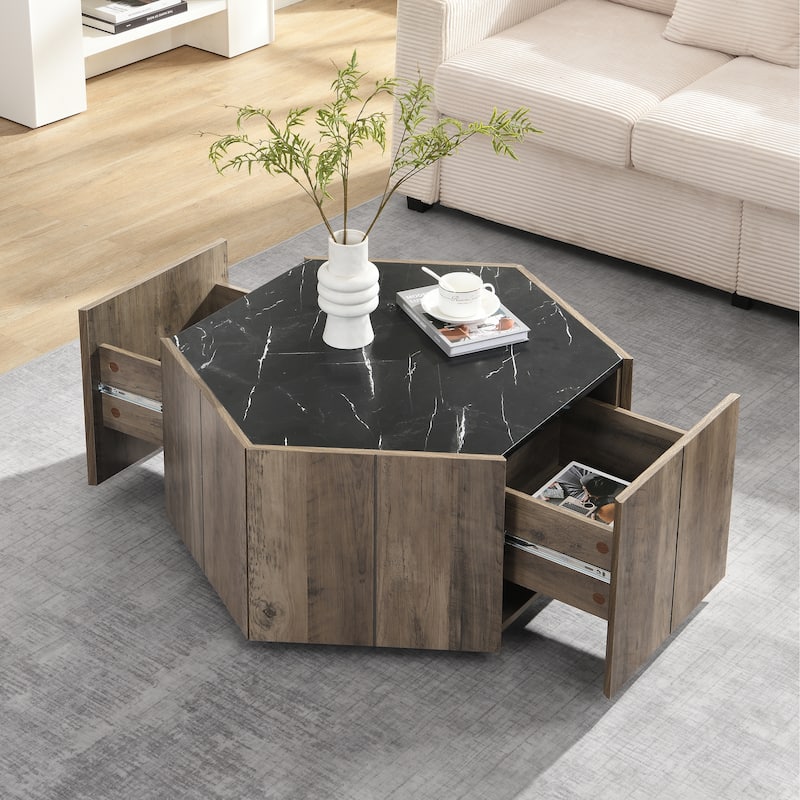 Christopher Knight Home - Quill Hexagonal MDF Coffee Table with Two Drawers and Modular Configuration - 1 Piece - Light Brown+Black