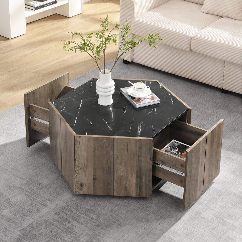 Hexagonal Rustic Retro Wood Coffee Table, with 2 Hidden Drawers, Textured White Marble Tops,Walunt Oak Finish - Perfect - Black+Light Brown