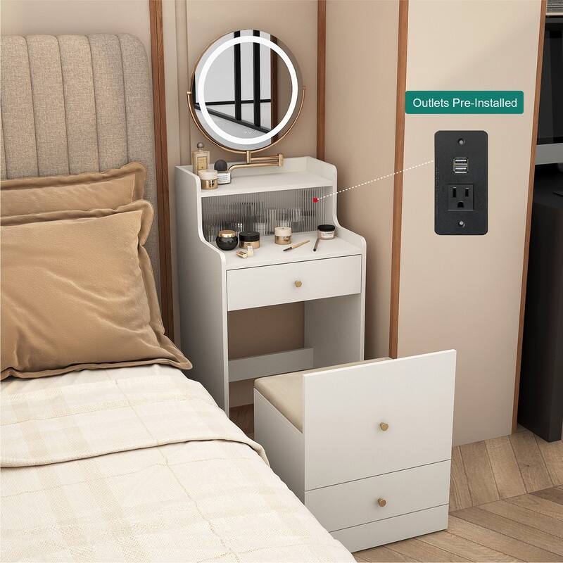 3 in 1 Vanity Desk With mirror and light ,Small makeup vanity set with charging station, 2 drawers , upholstered stool
