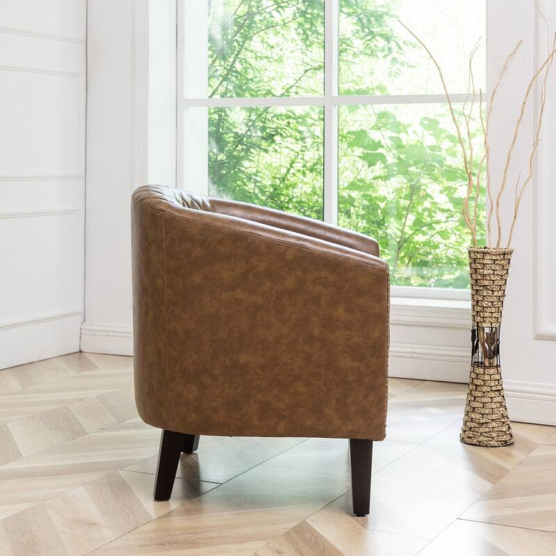 KINWELL PU Leather Tufted Barrel Chair Club Armchair with Nailheads