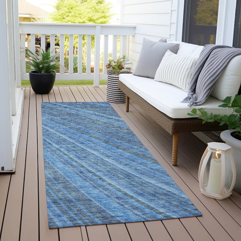 Machine Washable Indoor/ Outdoor Stripe Wave Chantille Rug - Blue - 2'3" x 7'6"