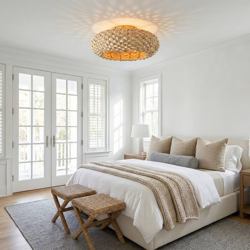 21" Farmhouse Natural 4-Light Handwoven Bamboo Flush Mount Ceiling Fan with Remote