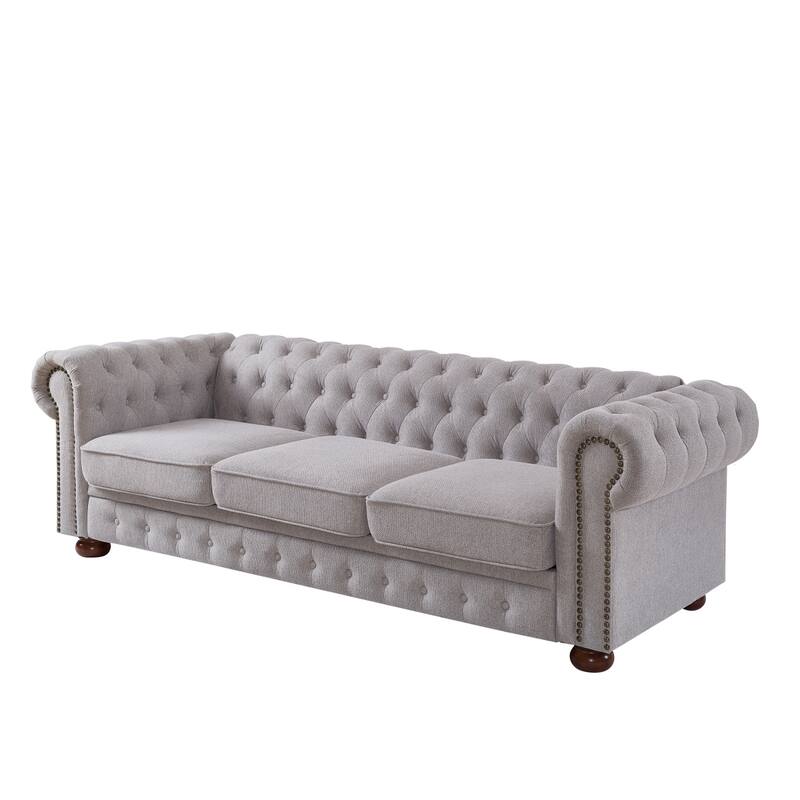 Chesterfield Sofa, 88.5" Upholstered Sofa Couch with Low Back, Roll Arm Nailhead Trim Classic 3 Seater Sofa for Living Room Home