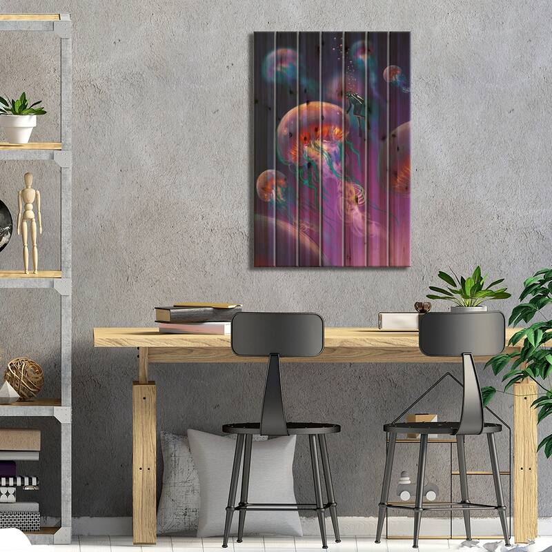Glowing Jellyfishes Print On Wood by grandfailure - Multi-Color