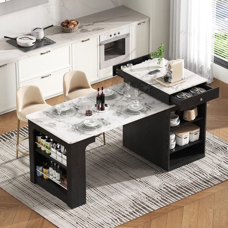 59.5" Kitchen Island with Extendable Dining Table, Kitchen Storage Table with Double-sided Storage, with 2 Drawers