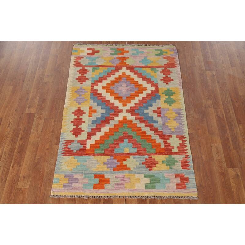 Geometric Reversible Kilim Oriental Accent Rug Flatweave Wool Carpet - 3'4"x 5'2"