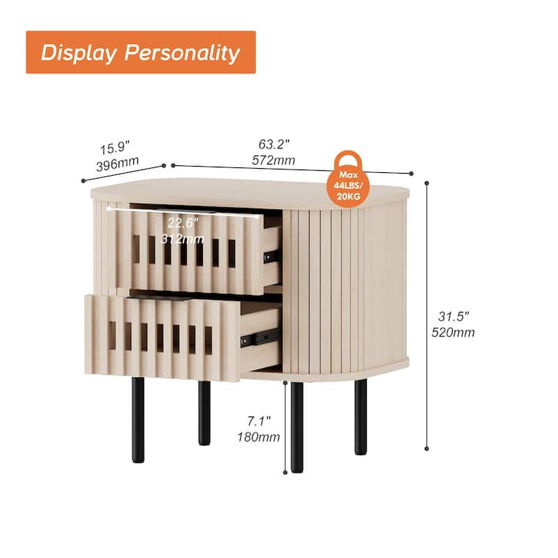 WAMPAT Fluted Nightstand with 2 Drawers,Wood End Table for Bedroom, Living Room