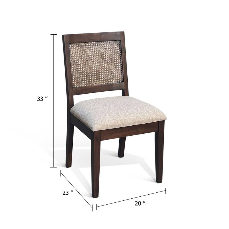 Zemi Dining Chair Set of 2, Rattan Back, Beige, Dark Brown Solid Wood