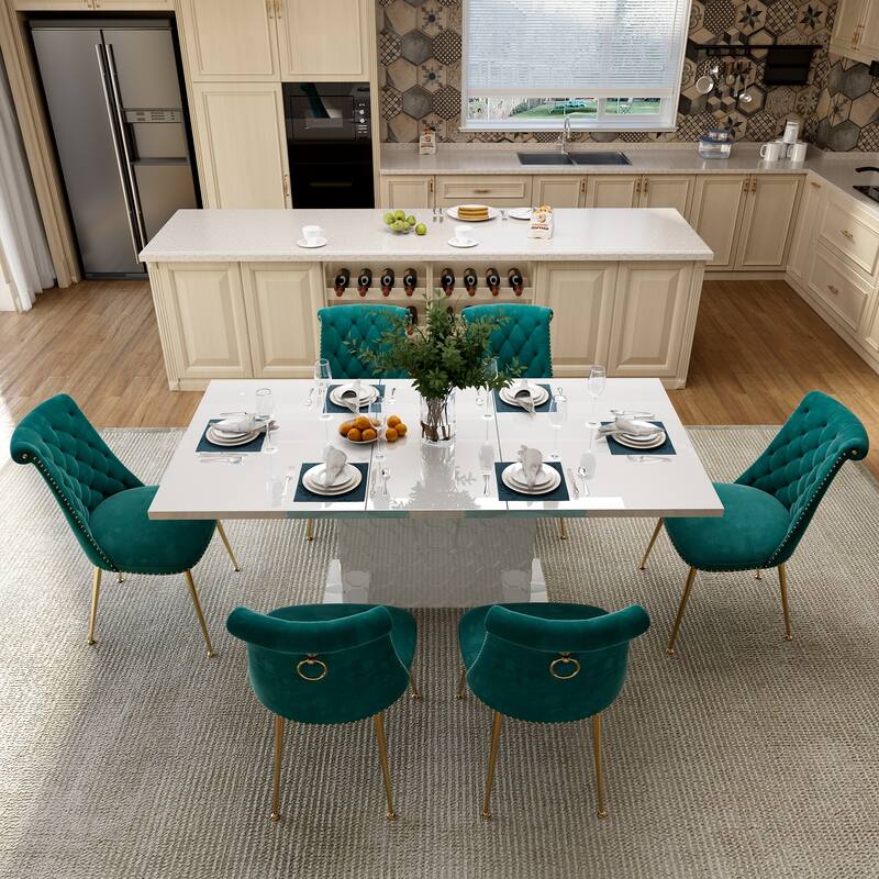 7-Piece Clihome High-gloss Extendable Table Velvet Chair Dining Set