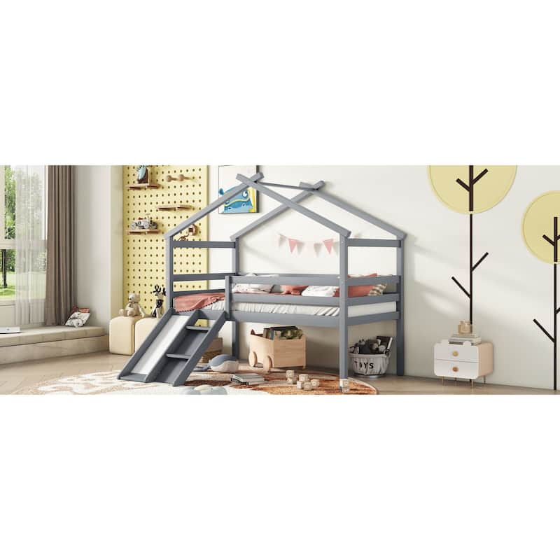 Roomfitters Twin Low Loft House Bed with Slide and Ladder, Safety Guardrails, House Roof Frame, No Box Spring Needed