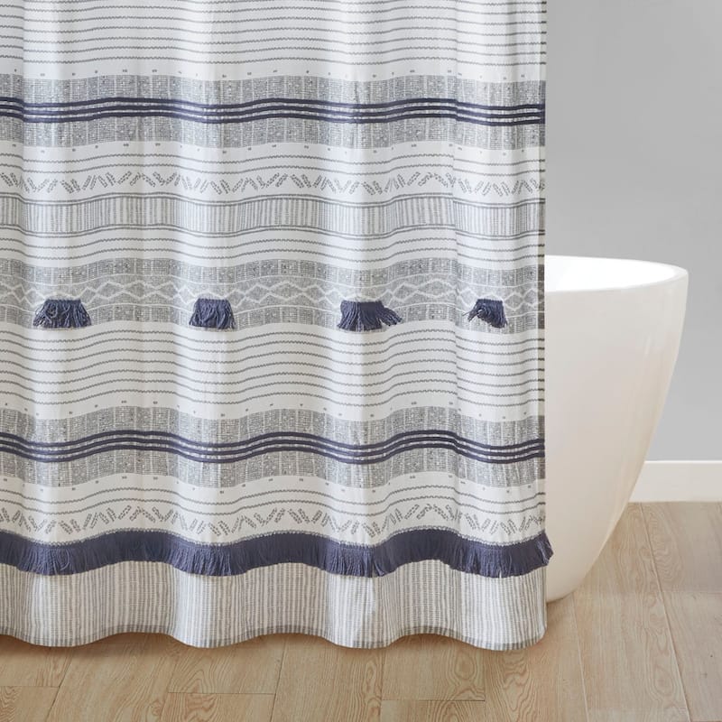 Cotton Stripe Printed Shower Curtain with Tassel