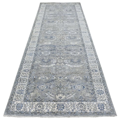 Shahbanu Rugs Fine Peshawar with All Over Design Extra Soft Wool Hand Knotted Light Gray Oriental Runner Rug (4'1" x 11'6")