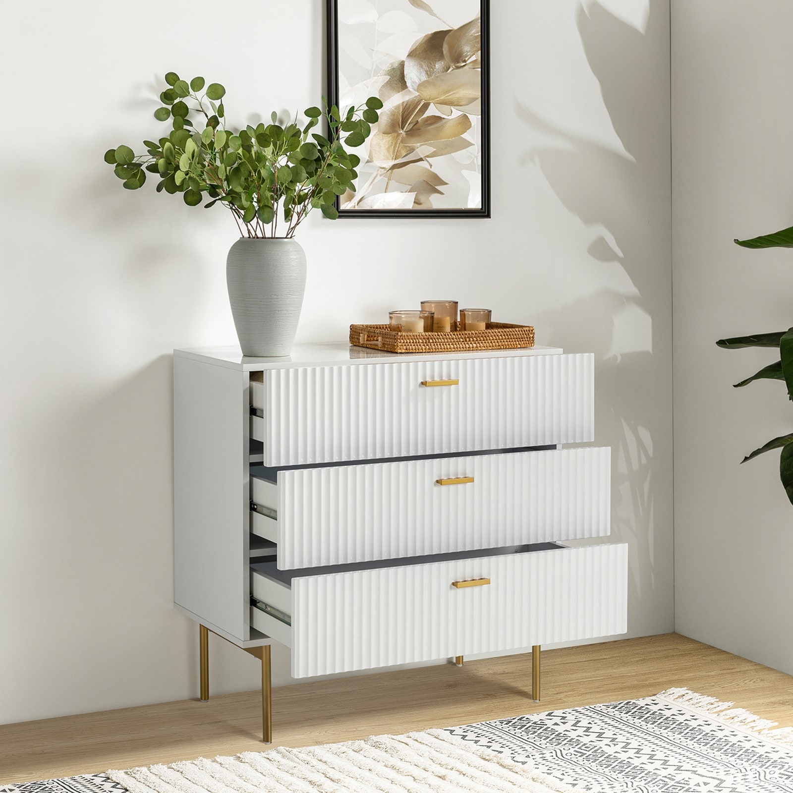 dresser night table Butler Nightstand tapered legs Stria White Fluted 6-Drawer Dresser