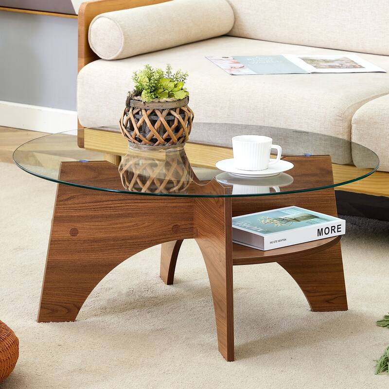 GDFStudio Marcellus Tempered Glass Coffee Table with Wood Legs and Fan-Shaped Pedestal Design