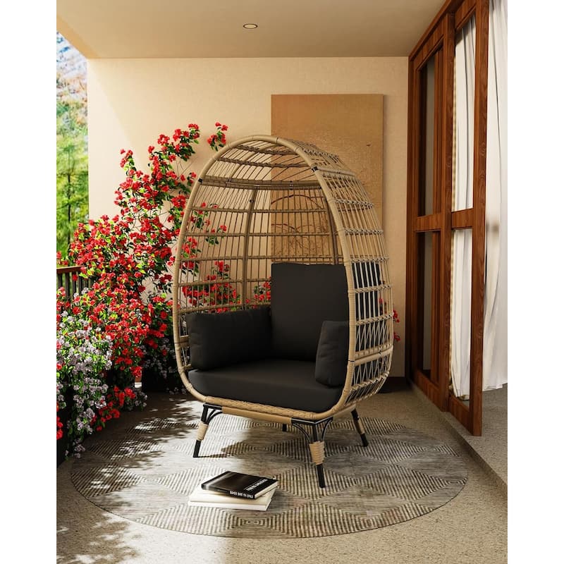 Oversize Wicker Egg Chair Outdoor with Steel Frame, Egg Basket Lounge Chair with 4 Cushions