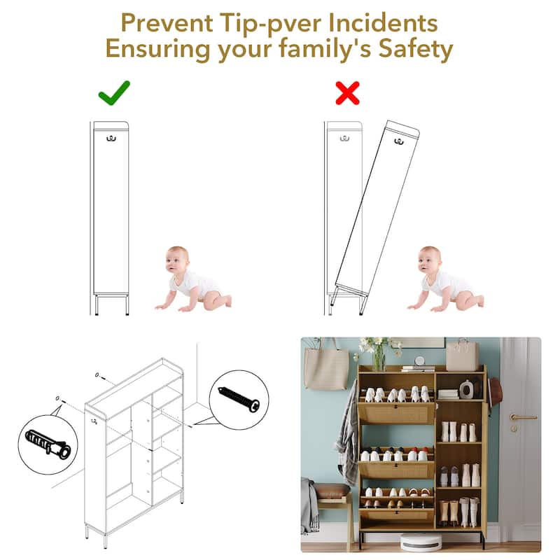 Shoe Cabinet, Natural Rattan Freestanding Shoe Organizer with 3 Flip-out Drawers and 4 Open Shelves Side Cabinet