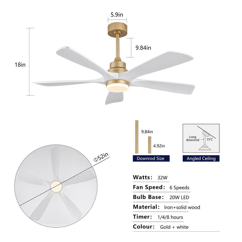52" Ceiling Fans With Lights and Remote Control, Dimmable LED, 5 Solid Wood Blades,for Bedroom, Living Room - 52 Inches
