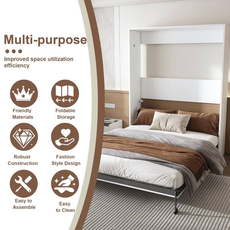 Queen Murphy Bed with 65 Inch Foldable Wall Design, Metal Frame and Solid Wood Slats for Bedrooms and Guest Rooms