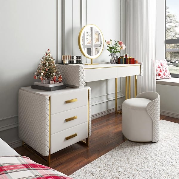 Luxury Gold Makeup Vanity Set with LED Lighted Mirror and Drawers Bed