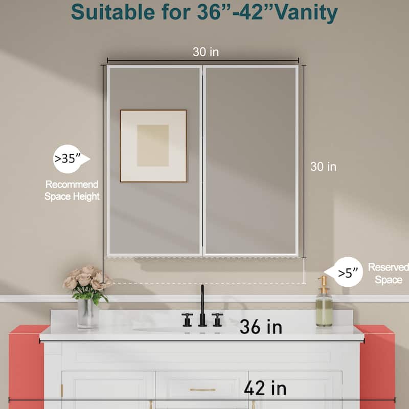 Elise Iron Medicine Cabinet with Mirror, Adjustable Shelves, Recessed or Wall Mount