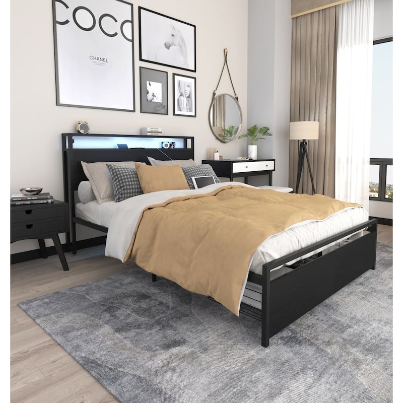 Heavy Duty Metal Bed Frame, Full Size Practical Storage Bed with 2 Drawers, Smart LED Platform Bed Frame with Charging Station