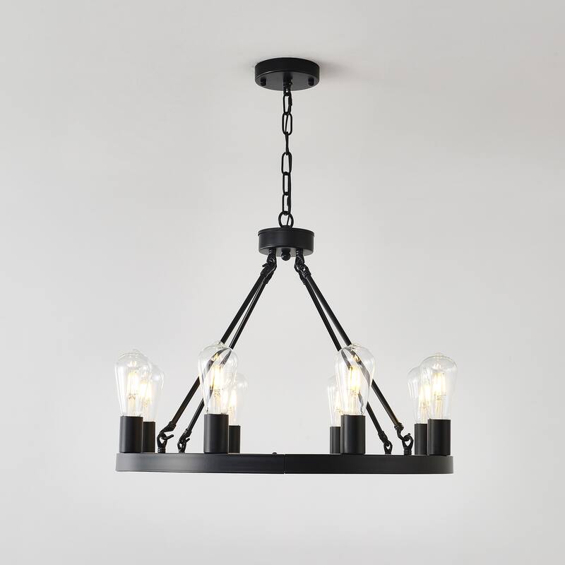 Farmhouse Style Small Round Ceiling Light 8-Lamp Wagon Wheel Chandelier, for Kitchen Island, Dining Room and Living Room