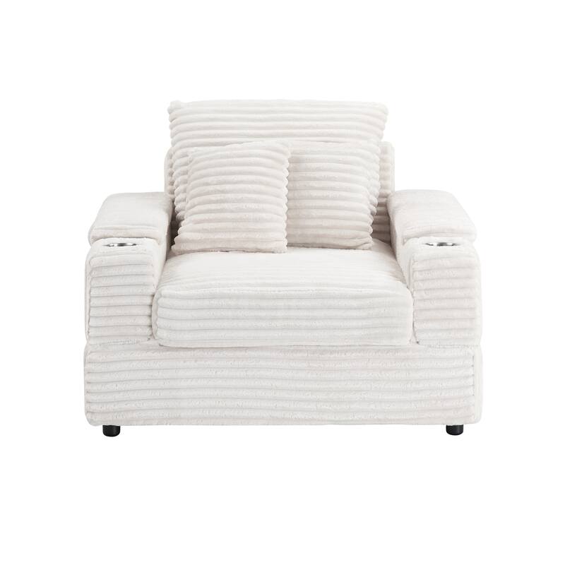 White Corduroy Single Sofa with Pillows and Ottoman
