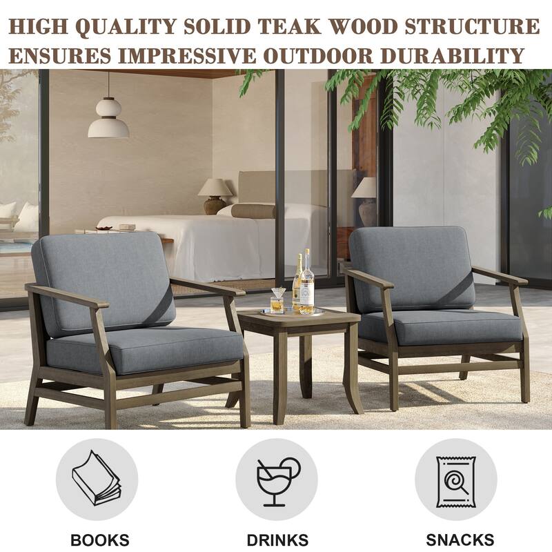 3 Set Outdoor Teak Wood Club Chairs with Side Table