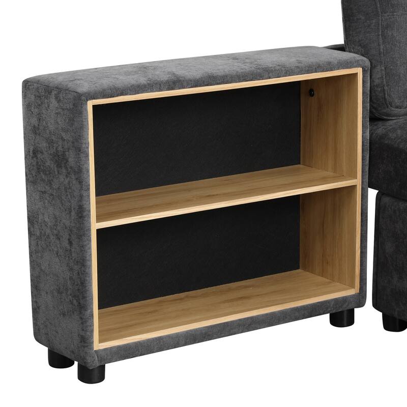 121.2" Chenille Modular Sofa Bed with Two Storage Racks, Free-Combined Design, and Smooth-Rolling Wheels