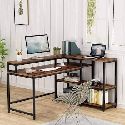 Reversible L Shaped Computer Desk with Storage Shelf and Monitor Stand