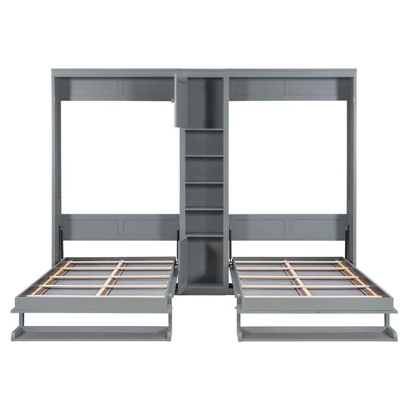 Roomfitters Twin Wall Murphy Bed System with Center Storage Shelves, Convertible Fold Down Sleeper Cabinet